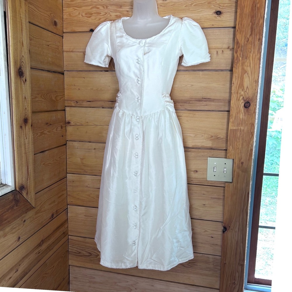 Vintage Linen Cotton Dress Women Medium White Puff Sleeve Basque Waist 80s Gown